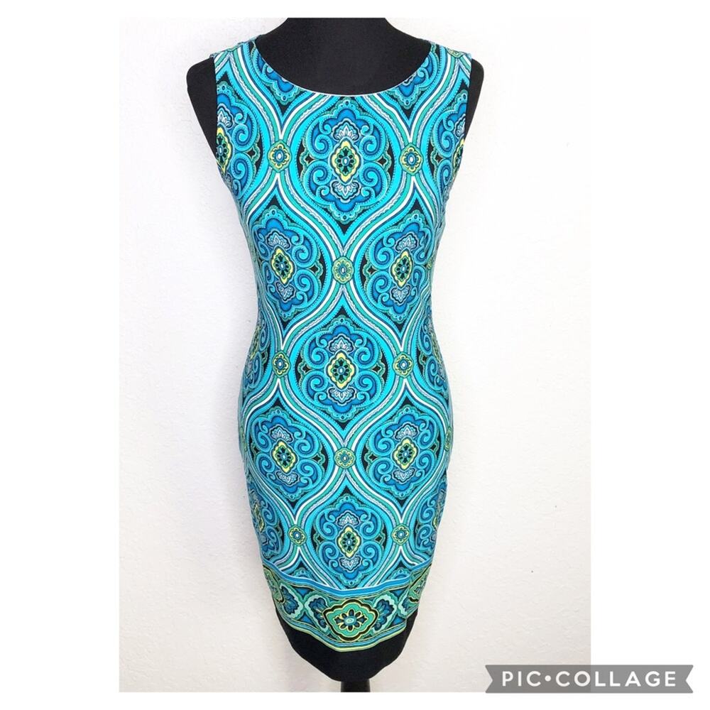 Cache blue yellow white black gold mandela sleeveless sheath dress size 2